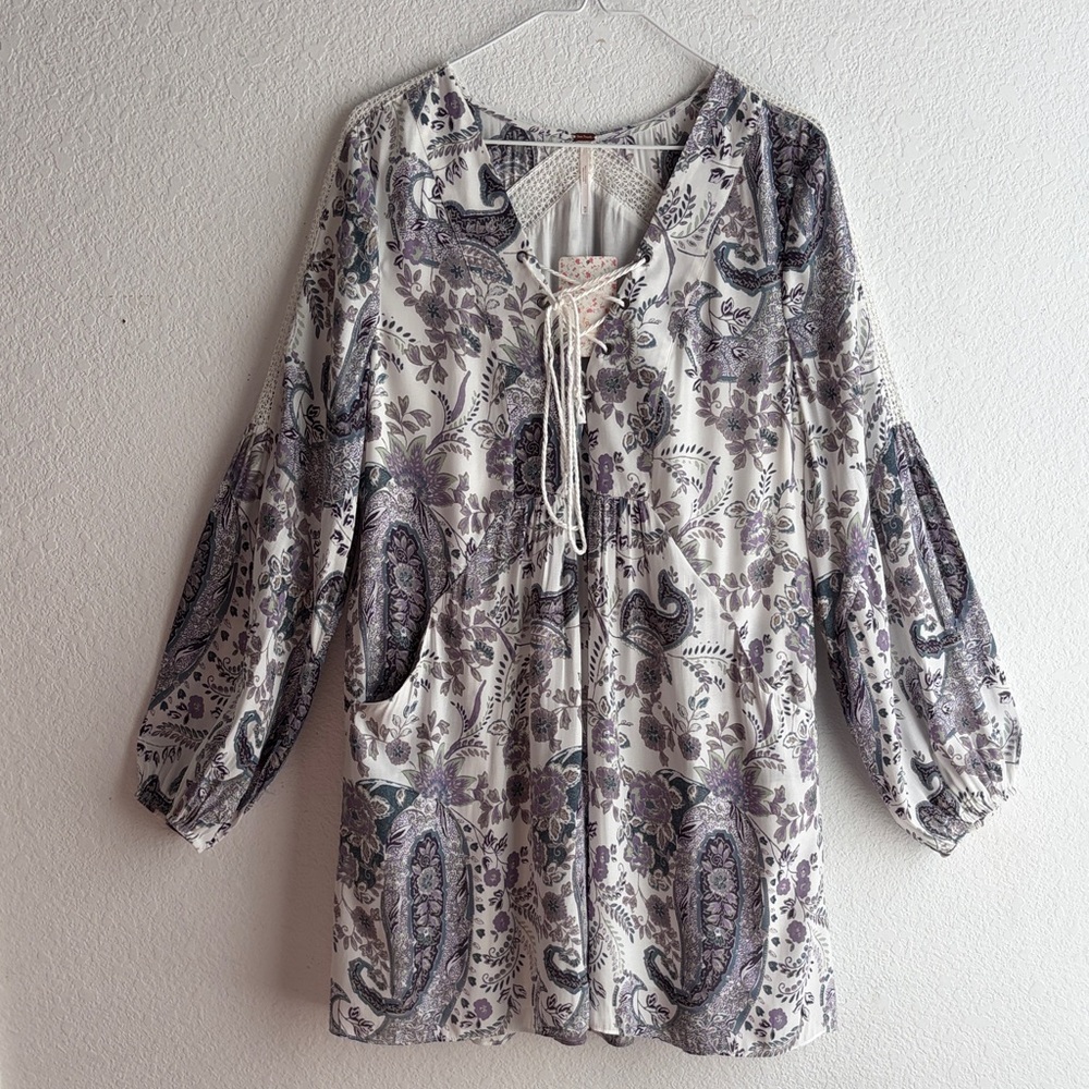 NWT Free People RAIN OR SHINE Mini Dress Tunic Sz M Color Ivory/Purple Vintage